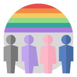 Personen unterschiedlicher Geschlechter stehen vor einem bunten Hintergrund